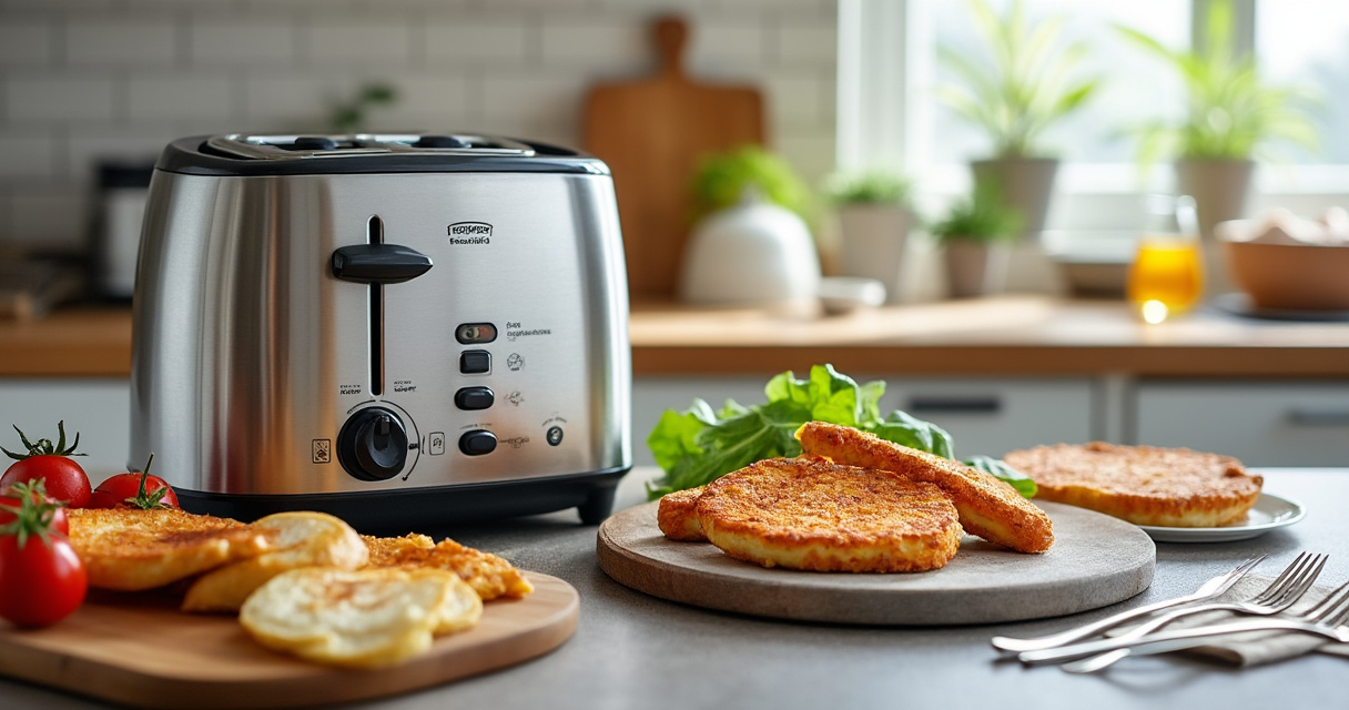 Toaster mit goldbraunen Toastscheiben auf hellem Küchentisch